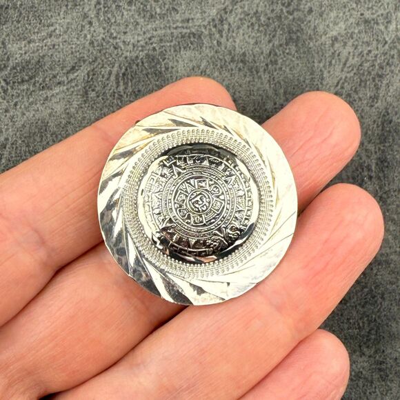 Sterling Silver Round Aztec Mayan Calendar Pin Brooch Pendant Signed Mexico 925 - Picture 6 of 7